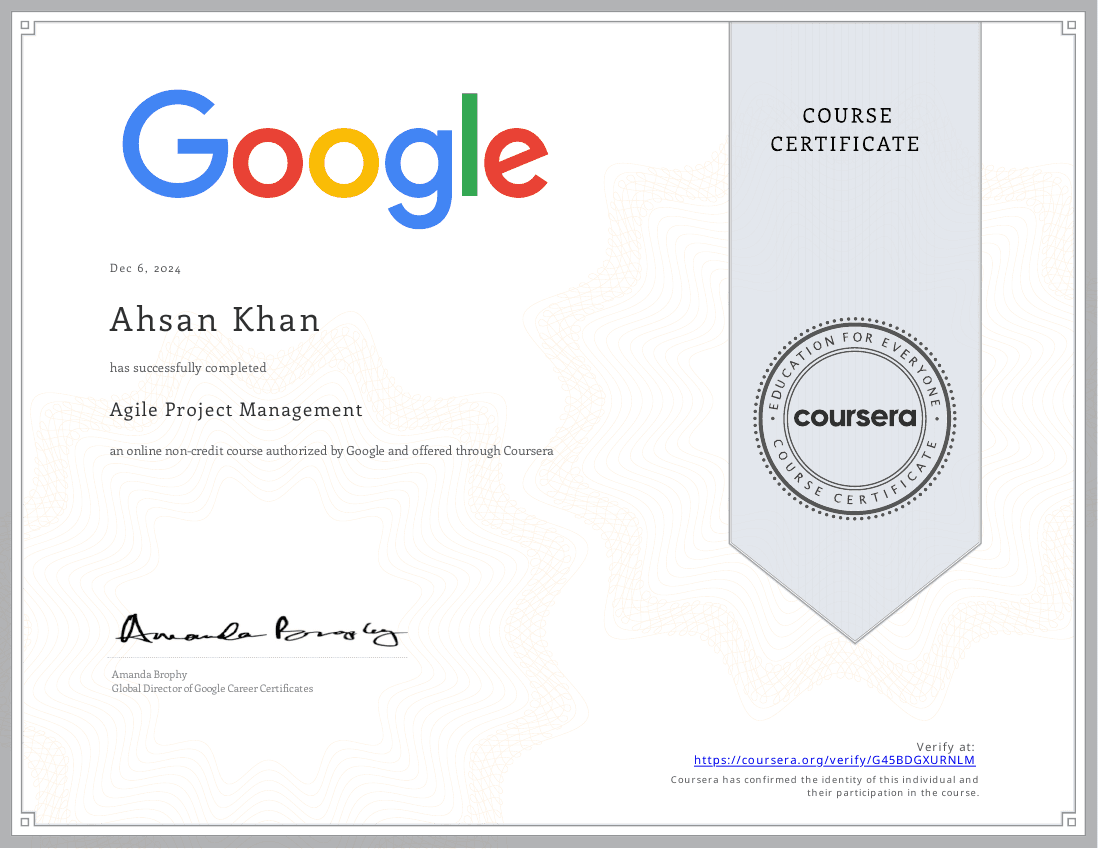 Agile Project Management certificate