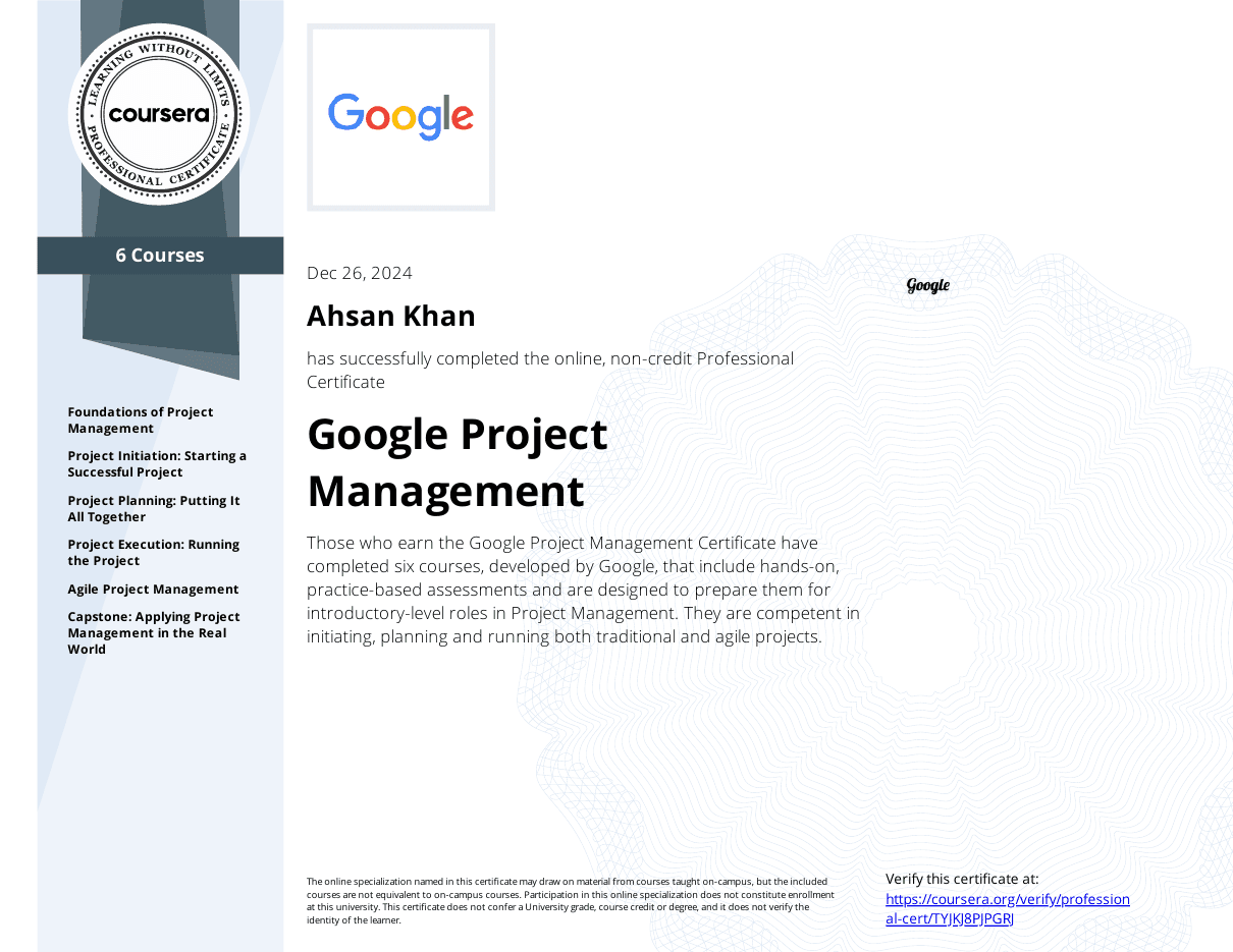 Google Project Management certificate