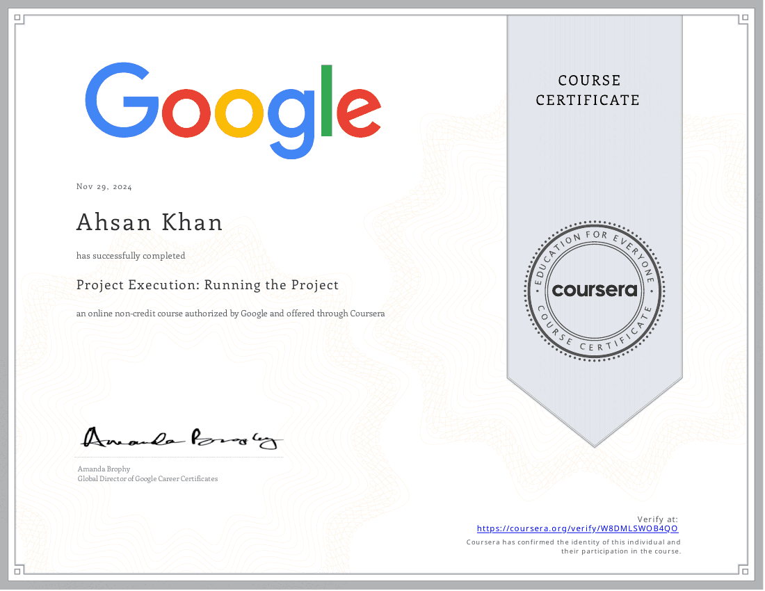 Project Execution certificate