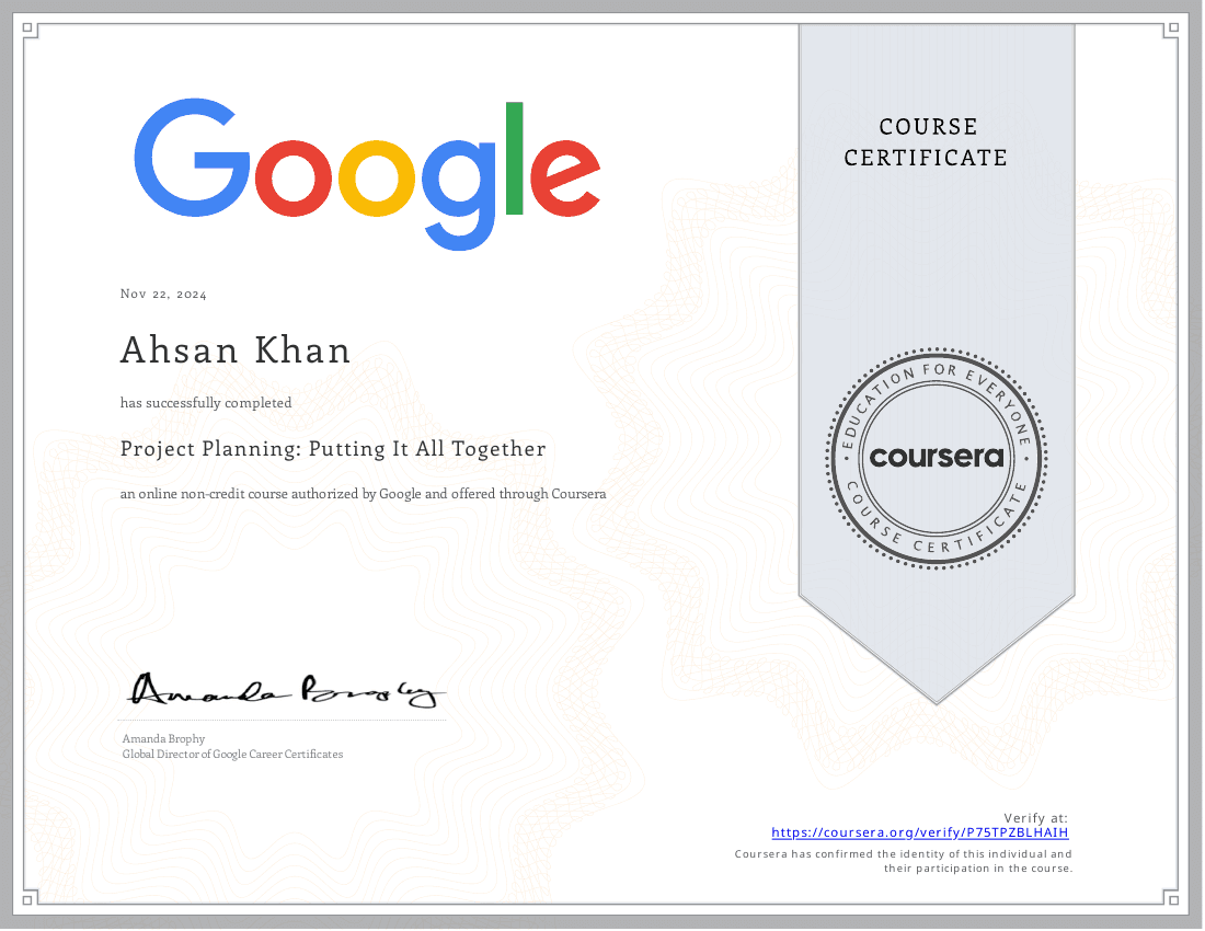 Project Planning certificate