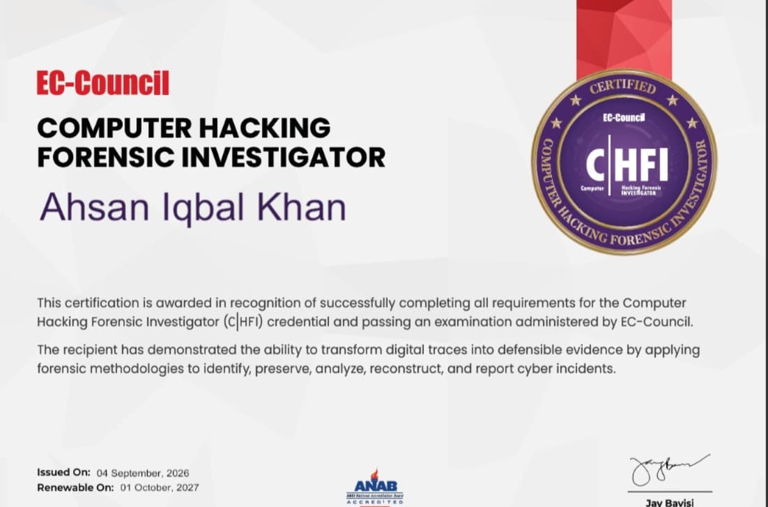 Computer Hacking Forensic Investigator (C|HFI) certificate